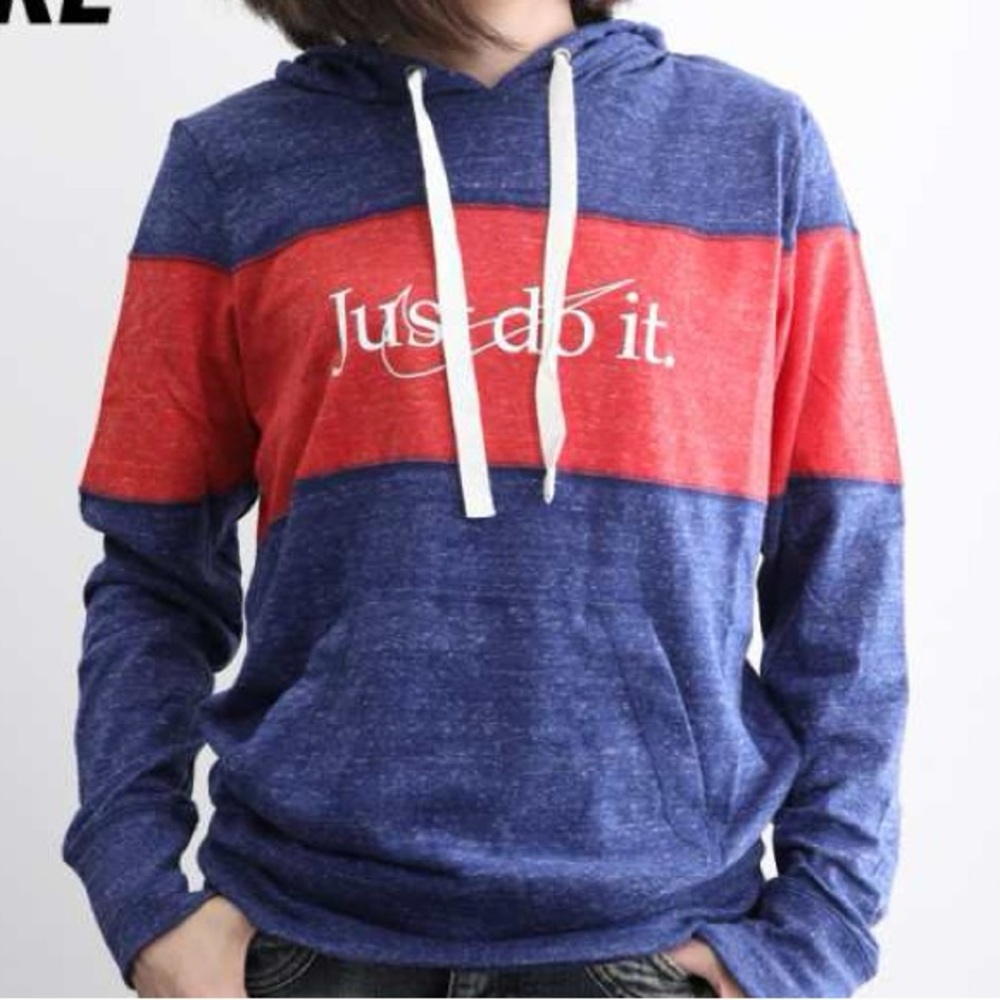 Nike Just Do It Sweatshirt Gym Drawstring Hoodie Women's Large Center Stripe - Picture 2 of 8
